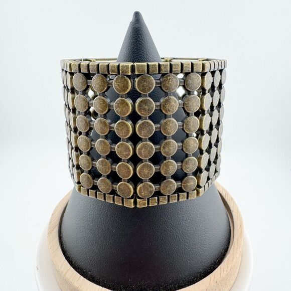 Vintage Bronze Tone Stretch Bracelet Wide Geometric Dot Panel Boho Hero Retro - Picture 3 of 7